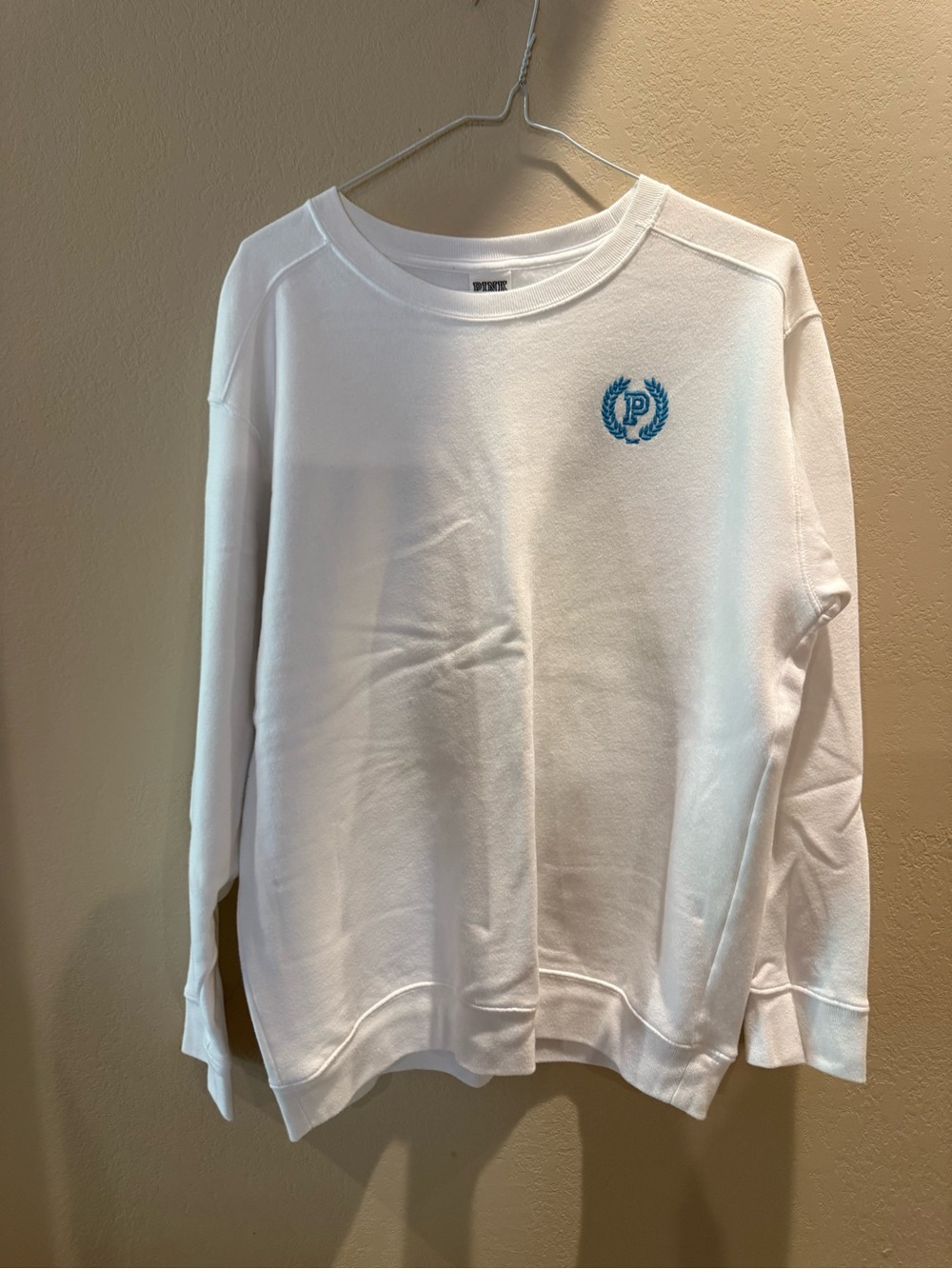 PINK Victoria's Secret White Crewneck Sweatshirt with Blue Crest